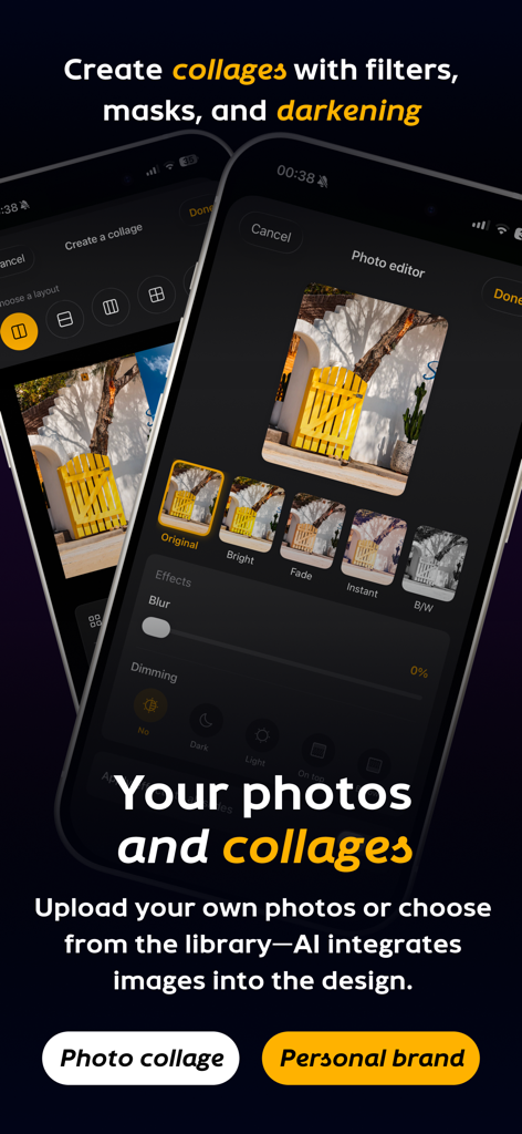 Carousel Collage AI: Carousai° - Interfaccia dell'app Carousai che mostra filtri fotografici e strumenti di editing collage per contenuti social