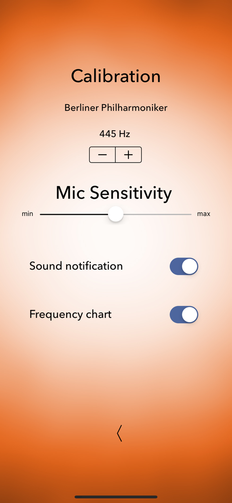 Violin Tuner Professional - Schermata di calibrazione dell'app Accordatore Violino Pro che mostra la regolazione della frequenza per la Berliner Philharmoniker e le impostazioni di sensibilità del microfono