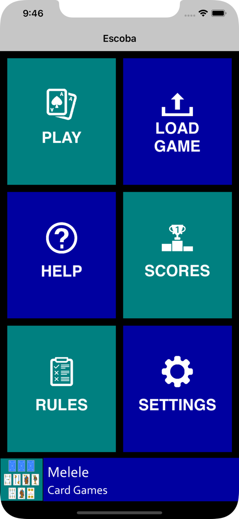 Menú principal de la aplicación del juego de cartas iEscoba con botones para Jugar, Cargar partida, Ayuda, Puntuaciones, Reglas y Ajustes.