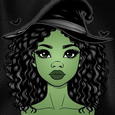 realistic black girl with wavy hair and witch hat and nose and lips