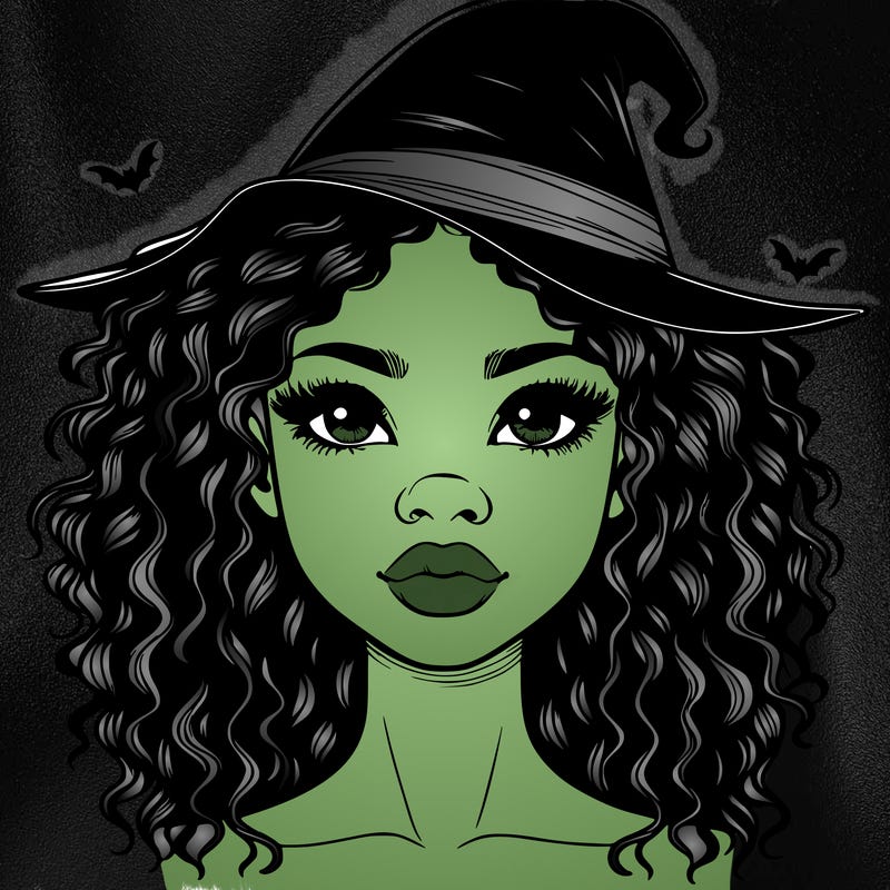 realistic black girl with wavy hair and witch hat and nose and lips