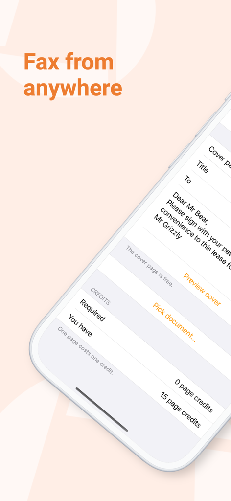 Genius Fax - Faxing app - iPhone screen showing Genius Fax app with a cover page draft and credit balance