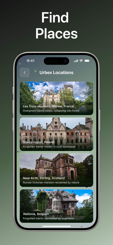 Écran d'application mobile intitulé Trouver des Lieux montrant une liste de lieux abandonnés comme des châteaux et des manoirs en Europe