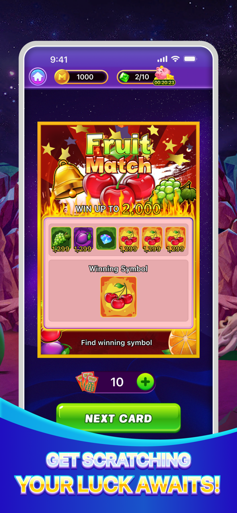 Digital scratch card with a Fruit Match theme in the Scratch and Win Daily mobile game