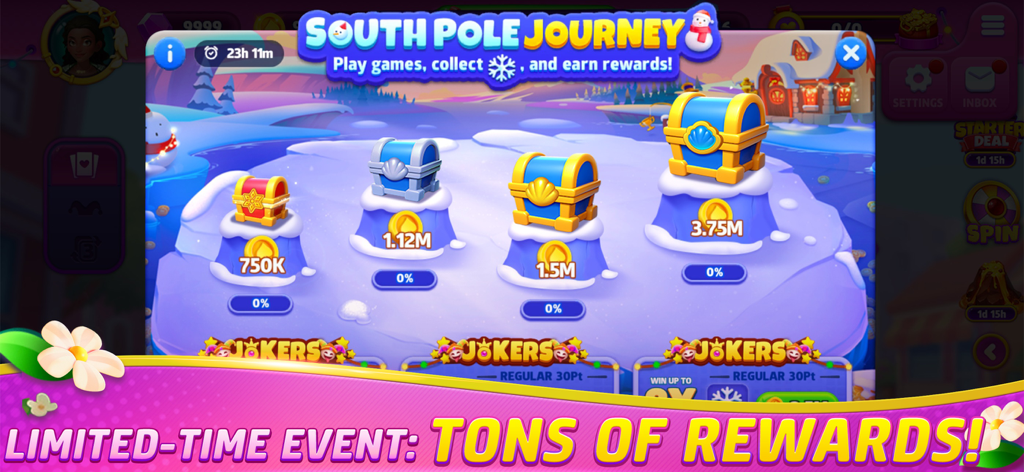 Gin Rummy Frenzy - Card Game - Una pantalla de evento de Viaje al Polo Sur de temporada en Gin Rummy Frenzy con cofres del tesoro y recompensas de monedas.