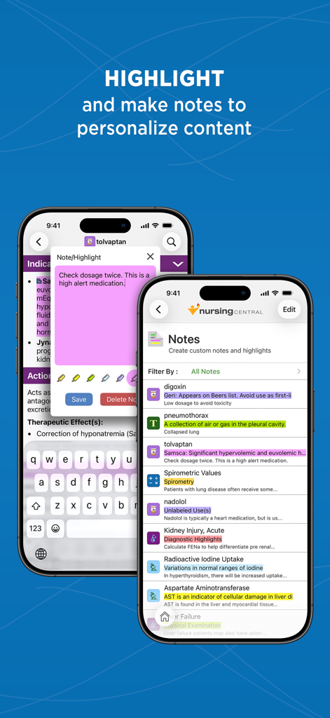 Telas do aplicativo Nursing Central mostrando anotações clínicas e destaques codificados por cores