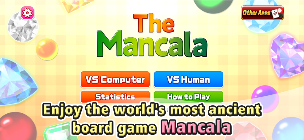 The Mancala - カラフルな宝石の背景とゲームモードボタンを特徴とするマンカラアプリのメインメニュー画面