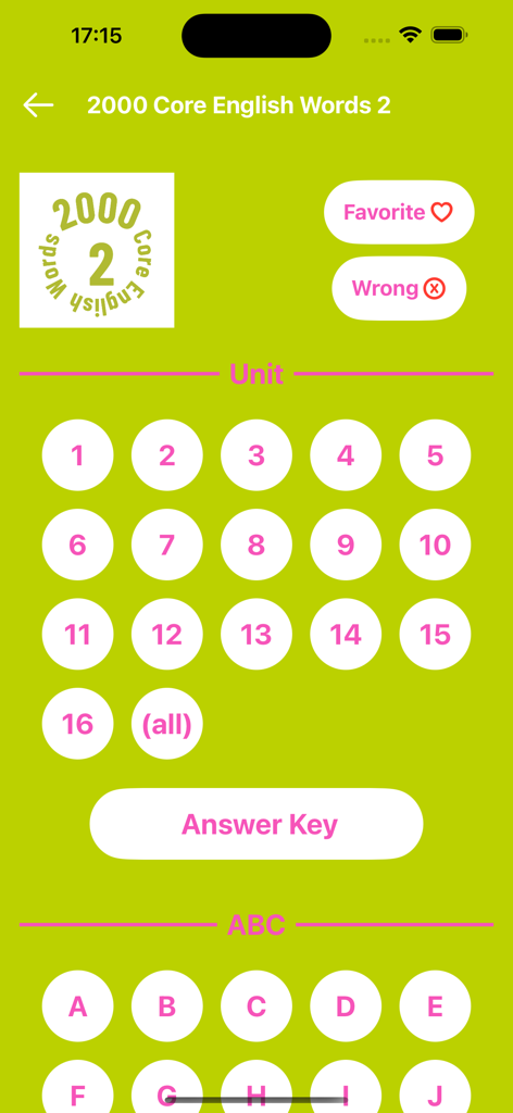 2000 Core English Words (2) - 단위 레벨과 알파벳순 단어 목록을 보여주는 영어 어휘 앱 인터페이스