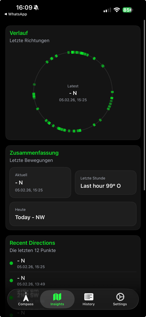 Watch Compass - Watch Compass app insights dashboard showing recent movement history and directional data on an iPhone