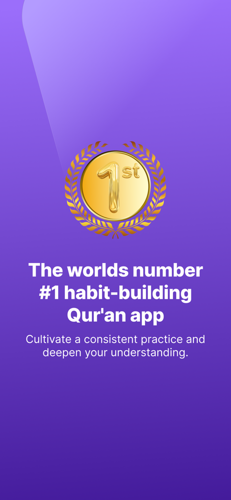 Quranly App-Werbebildschirm mit einer goldenen Erstplatzmedaille und Text, der sie als weltweit führende App zum Aufbau von Quran-Gewohnheiten beschreibt