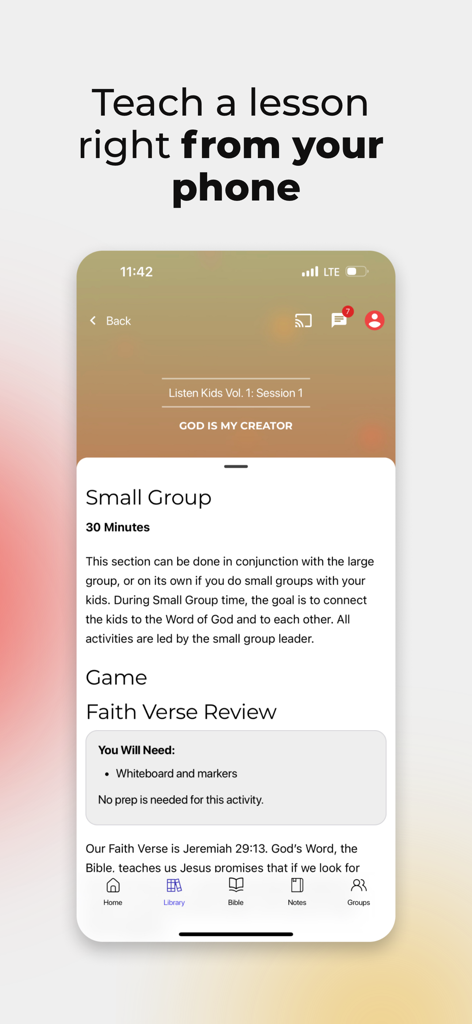 A screenshot of the Bible Engagement Project app showing a church lesson plan for kids titled God Is My Creator on a mobile phone.