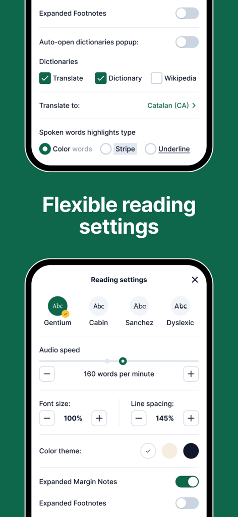 Ocean 2.0 Interfaith Reader - A mobile screen showing customizable reading settings for fonts, audio speed, and themes in the Ocean 2.0 app.