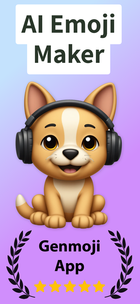 Genemoji - AI Emoji Maker - AI-generated cute dog wearing headphones on the Genemoji App interface with five stars rating.
