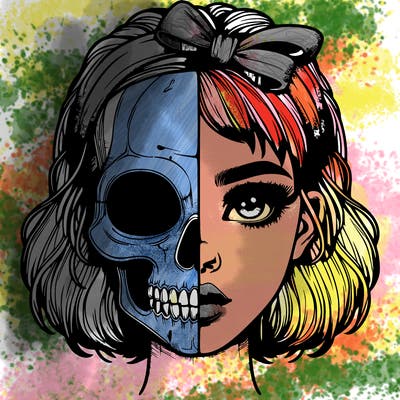 realistic girl with half skull mask