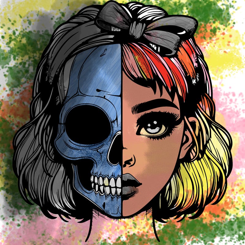 realistic girl with half skull mask