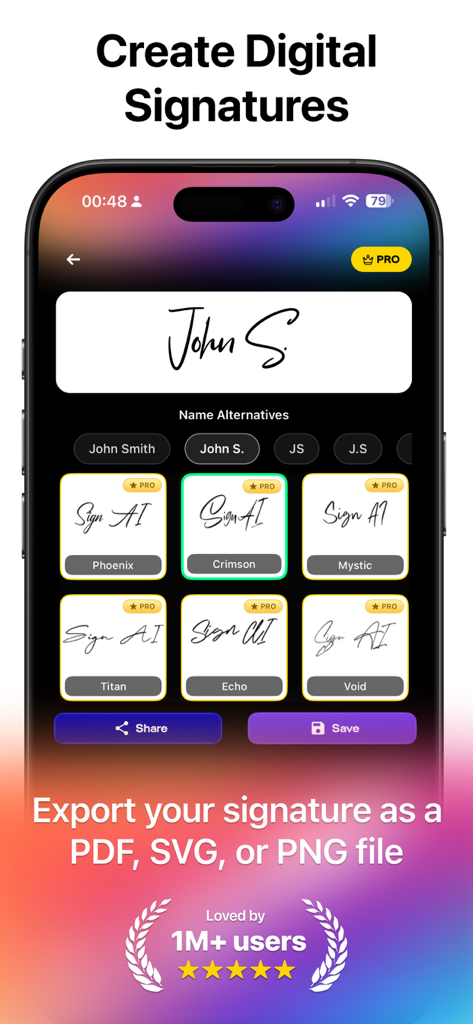 PDF SVGおよびPNGファイルのエクスポートオプションとさまざまなデジタル署名フォントスタイルを表示するモバイルアプリのインターフェース