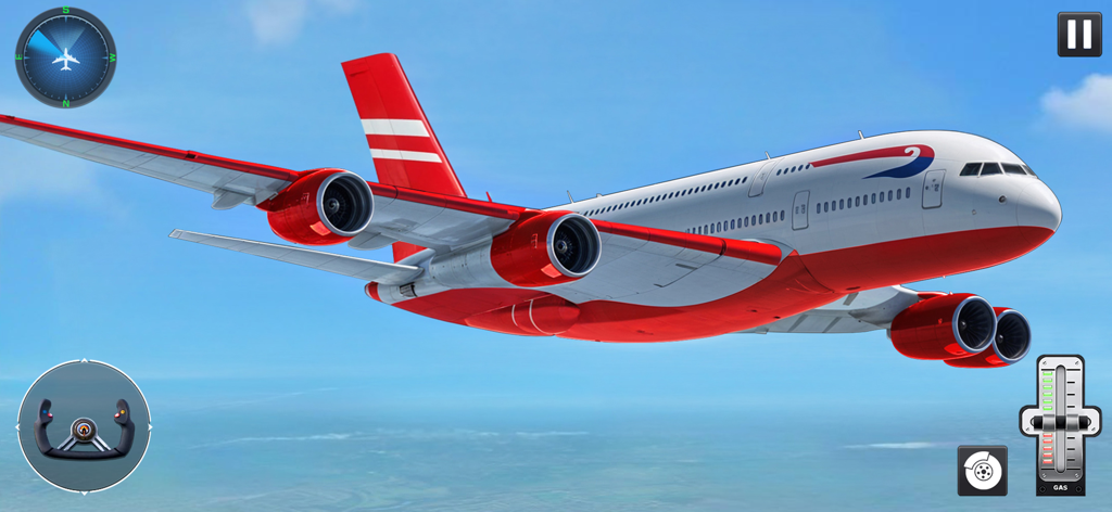 화면 컨트롤이 있는 3D 비행 시뮬레이터에서 날고 있는 빨간색과 흰색 상업용 비행기