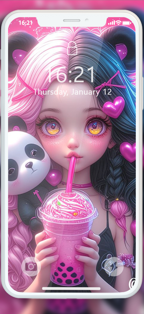 Cute Girly Wallpaper 4k - Kawaii anime girl with split pink and black hair holding a boba tea and panda on a phone lock screen