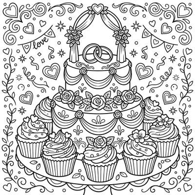 Dive into a delicious celebration with this chocolate wedding cake and cupcake coloring page. Perfect for anyone who loves sweet treats and romantic festivities, this intricate design promises hours of creative joy.
