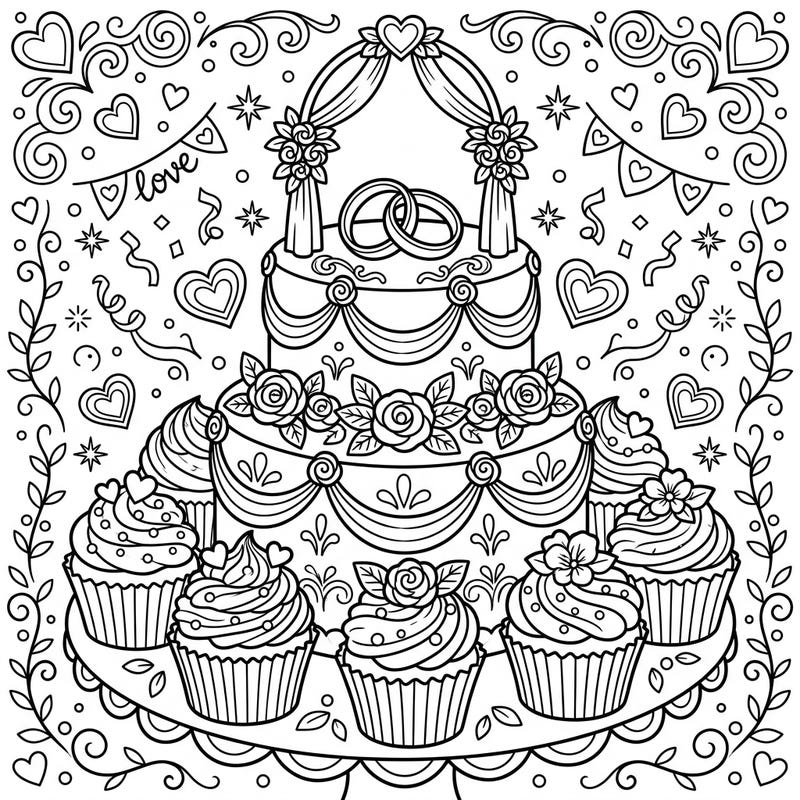 Dive into a delicious celebration with this chocolate wedding cake and cupcake coloring page. Perfect for anyone who loves sweet treats and romantic festivities, this intricate design promises hours of creative joy.