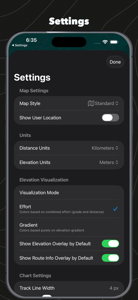 Geo Elevation: Path Analyzer - Settings menu of the Geo Elevation app showing map style unit preferences and elevation visualization options.