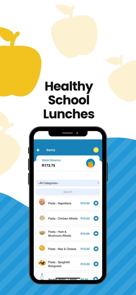 Mobile interface of the TapTuck app showing healthy school lunch options and a digital wallet balance