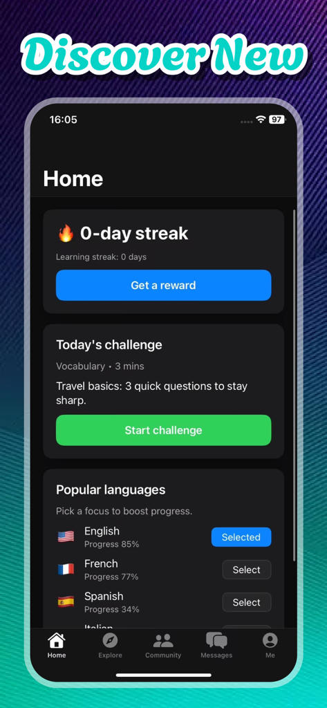 Cmate: Learn Together - Cmate app home interface showing a learning streak daily vocabulary challenge and progress levels for English French and Spanish languages