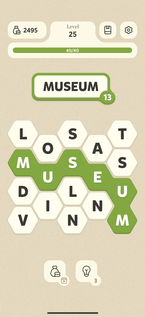 Word Master mobile app gameplay showing a swipe word puzzle with the word museum