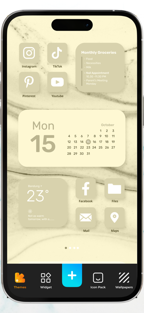 Icon, Widgets & Themes - Custom iPhone home screen with a beige marble theme featuring matching icons and widgets