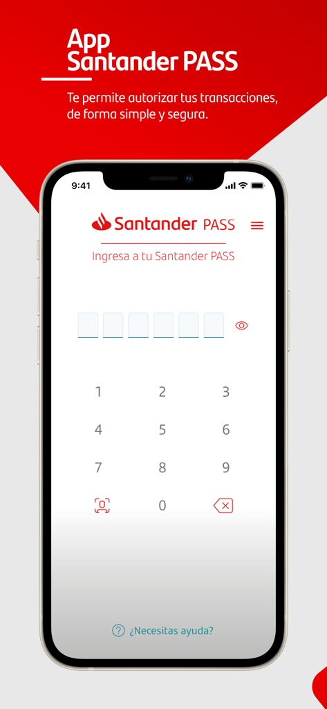 Pantalla de inicio de sesión de la aplicación Santander PASS cl con un teclado numérico para la autorización bancaria segura.