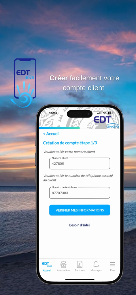 Electricité de Tahiti (EDT) - Simplified account creation step on the Electricité de Tahiti mobile app