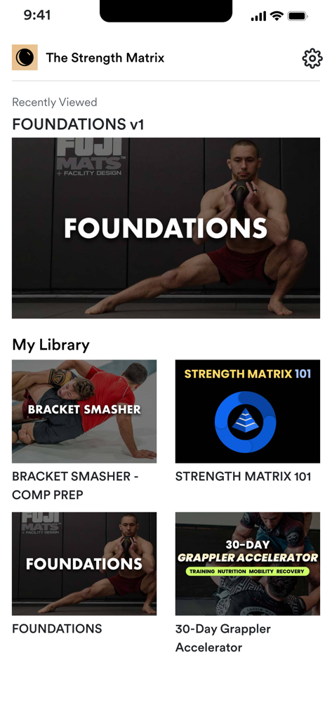Strength Matrix Training - Strength Matrix Training app library showing various grappling strength programs like Foundations and 30-Day Grappler Accelerator.