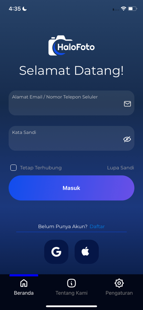 Halofoto App - Halofoto app login screen with fields for email and password and social login buttons