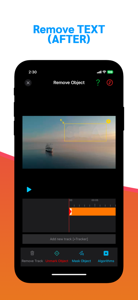 iPhone screenshot showing the remove watermark video retouch app interface with a blurred text mask over a video of a boat at sea