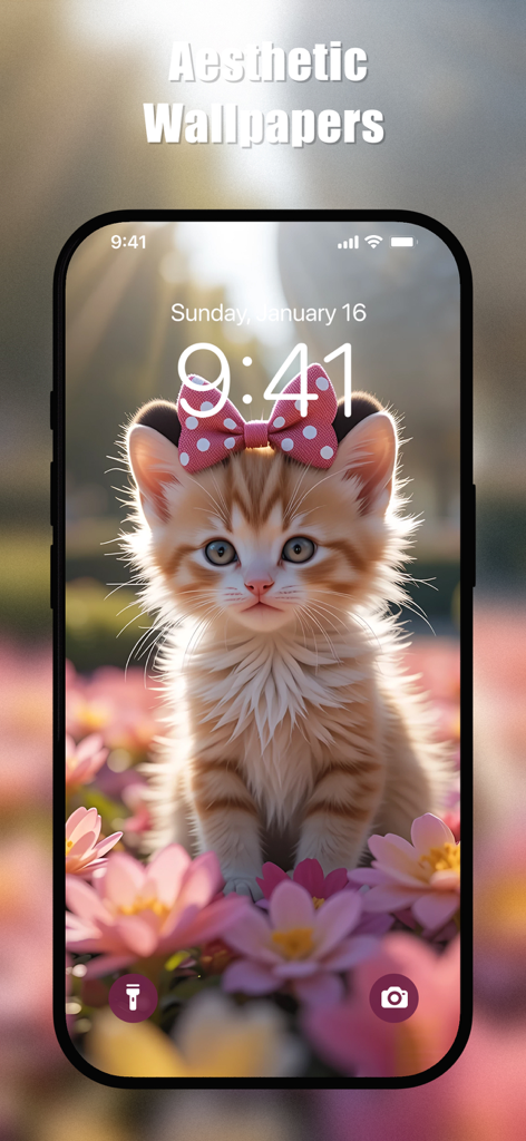 Cute Cat Wallpapers HD - Un gatito esponjoso y lindo con un lazo rosa sentado entre flores rosas en la pantalla de bloqueo de un iPhone