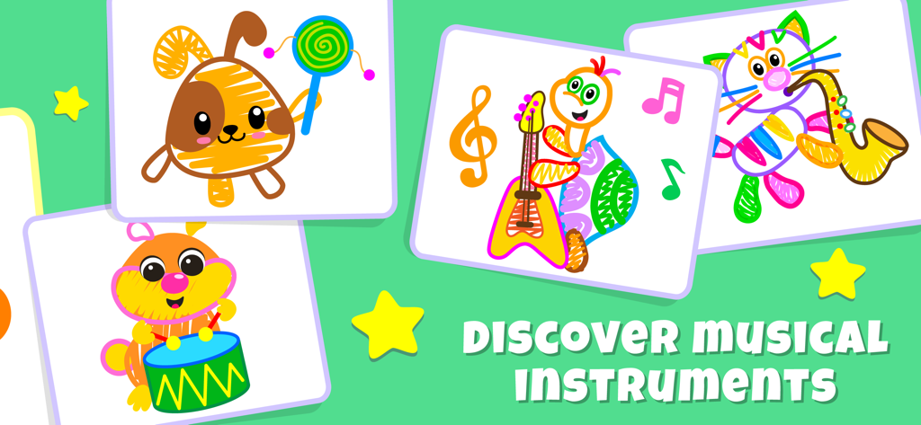 Drawing Pad Kids Toddler Games - Animales de dibujos animados coloridos tocando instrumentos musicales en la app Drawing Pad Kids