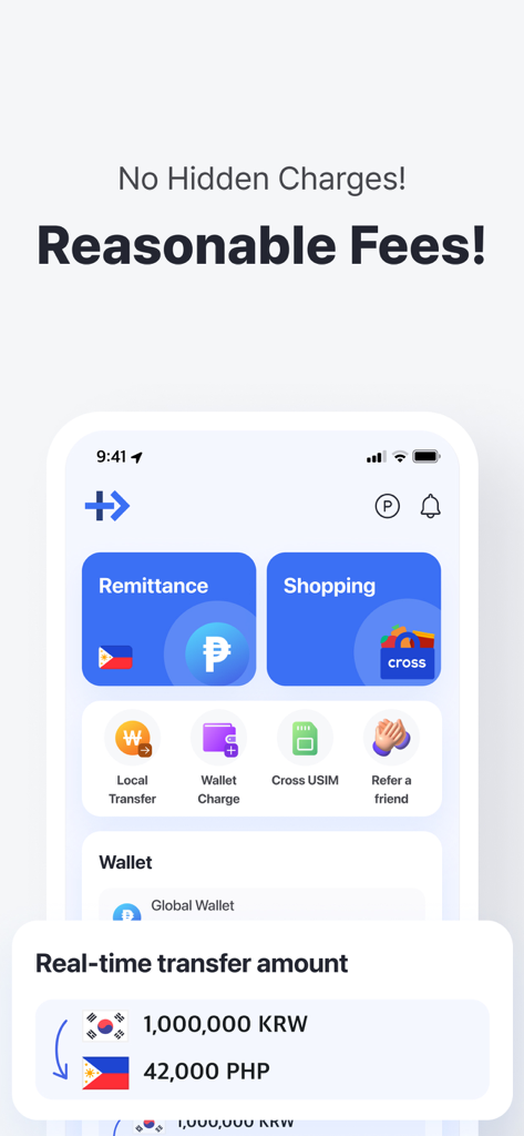 CROSS 앱 대시보드가 실시간 KRW 대 PHP 환율과 함께 송금 및 쇼핑 옵션을 보여줍니다.