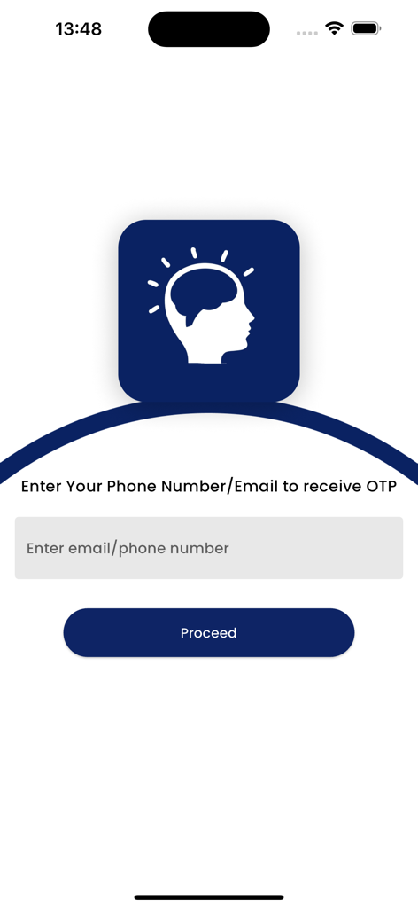 Simplifiedminds - Simplifiedminds app login screen showing a field to enter email or phone number to receive an OTP and a proceed button.