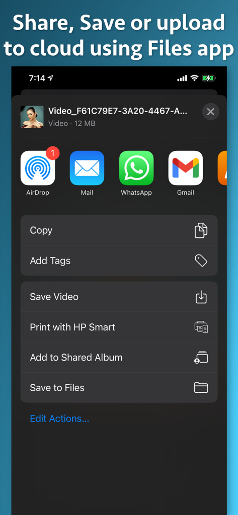 Video Cropper Premium - iOS share sheet showing options to share or save a cropped video to cloud or social media