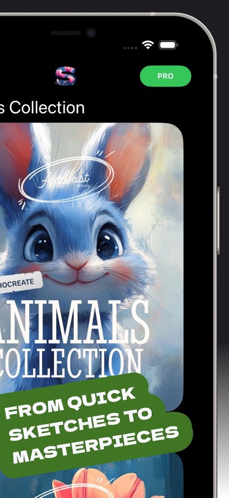 Stamps for Procreate - Stamps for Procreate app screen featuring the animals collection and a cute blue bunny illustration