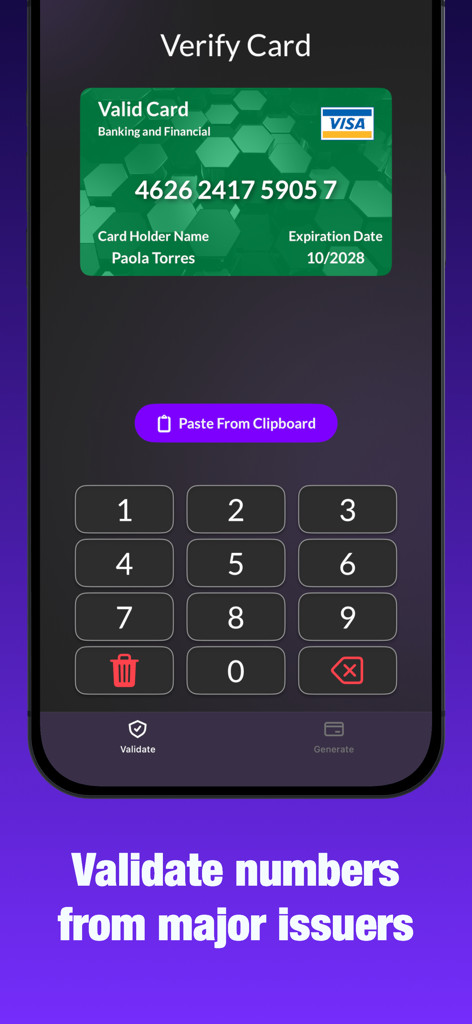 A mobile interface for the iCardVerify app displaying a valid Visa card with a numeric keypad for manual input.