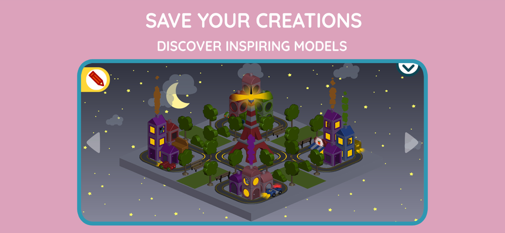 A digital city built with blocks featuring a night scene with a crescent moon and stars