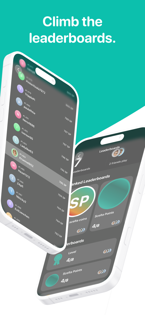 Scelta: Weight Loss Tracker - The Scelta app leaderboard screen showing rankings and progress points