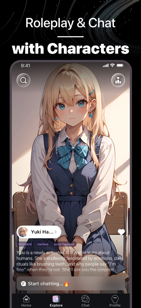 MeMe AI mobile app interface showing an anime character profile with the option to start a roleplay chat.