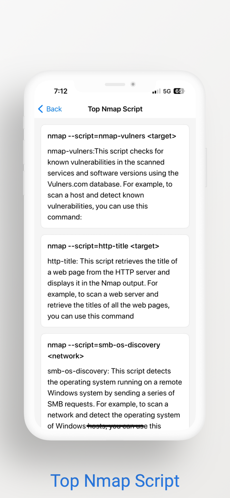 Nmap Guide - Top Nmap script commands and descriptions within the Nmap Guide app interface