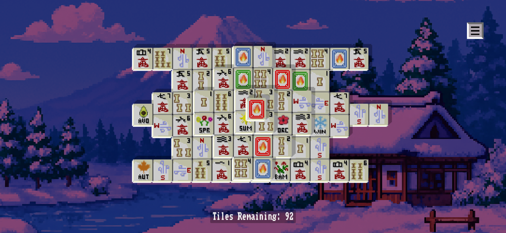 A pixel art Mahjong solitaire game with a winter landscape background