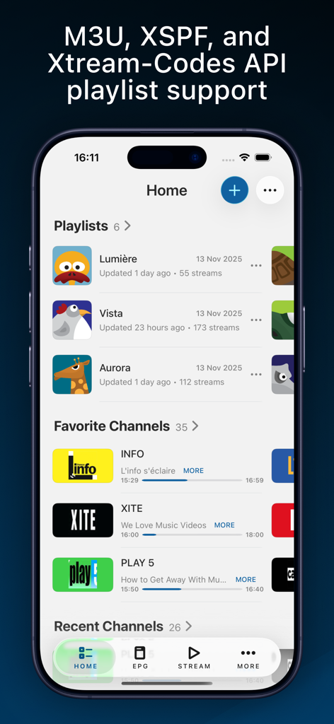 IPTV app home screen showing playlists favorite channels and m3u support