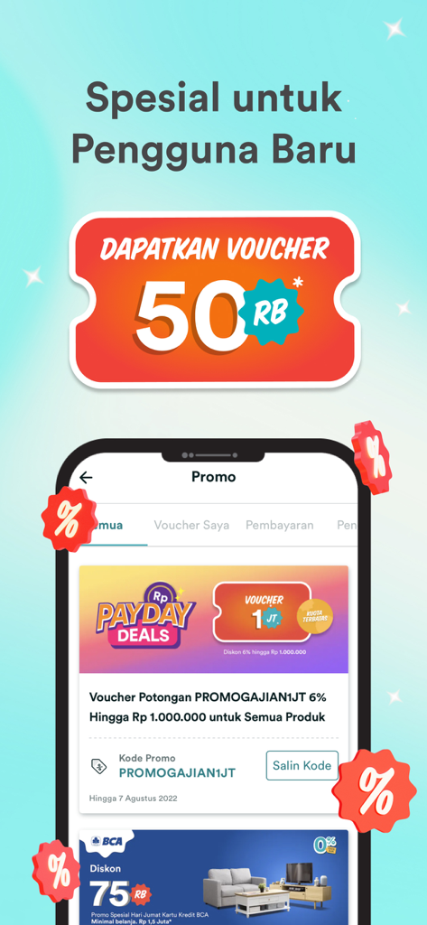 Dekoruma: Furniture & Interior - Screenshot dell'app Dekoruma che mostra voucher speciali e offerte per il giorno di paga per i nuovi utenti