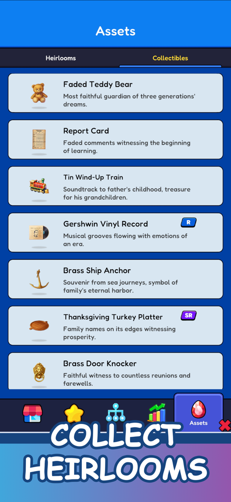 Family Sim: Life Simulator - Eine Liste von sammelbaren Erbstücken und Vermögenswerten im Spielbildschirm von Family Sim Life Simulator.