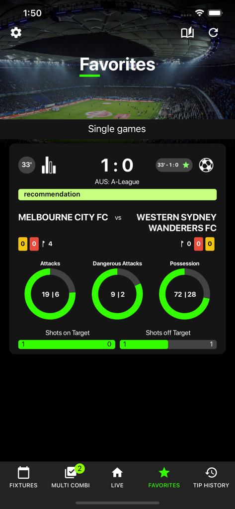 1x2LiveTip - Real-time soccer match statistics and betting recommendations on the 1x2LiveTip favorites screen